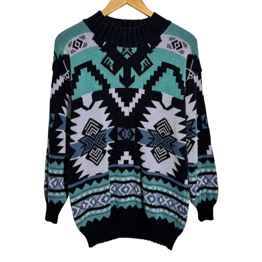 Woods & Gray Aztec Mock Neck Sweater Women M Blue Black Western Vintage Boho